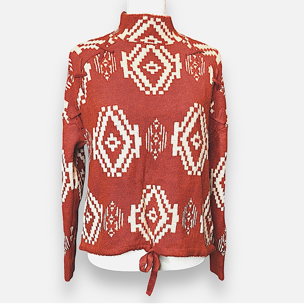 No Boundaries Mock Neck Sweater Brick Aztec Print Tie Waist Size M